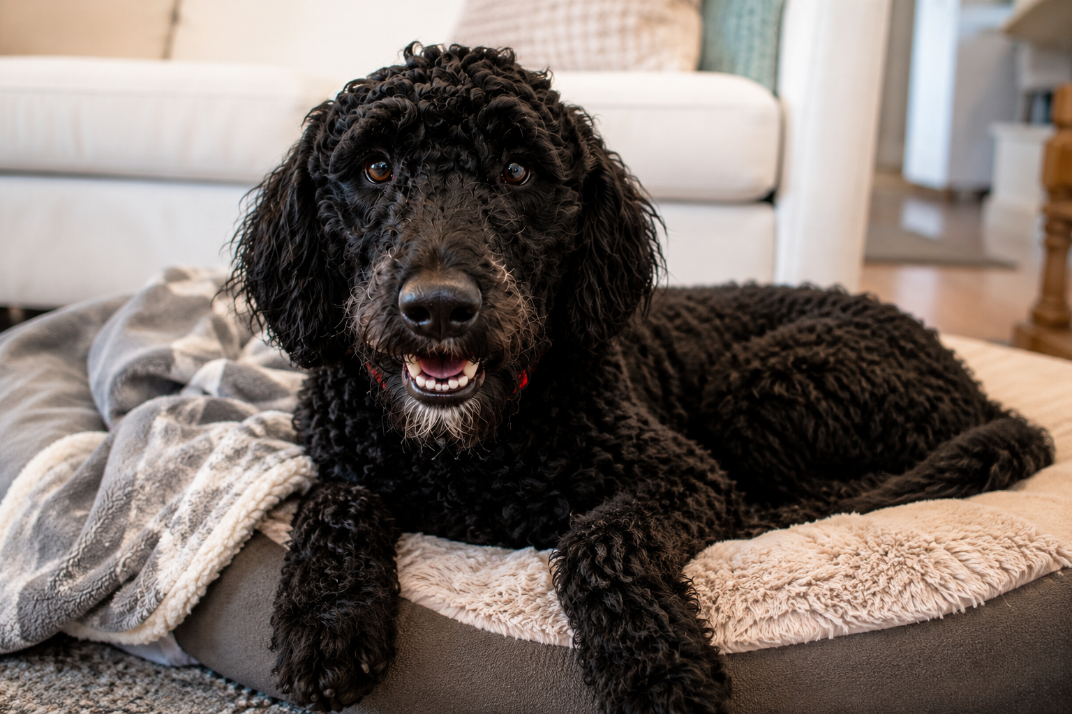 Photo of Boots relaxing during a cozy home-style boarding stay