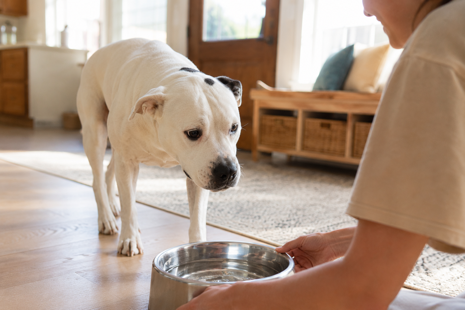 Photo of Poppy during a drop-in visit with fresh water