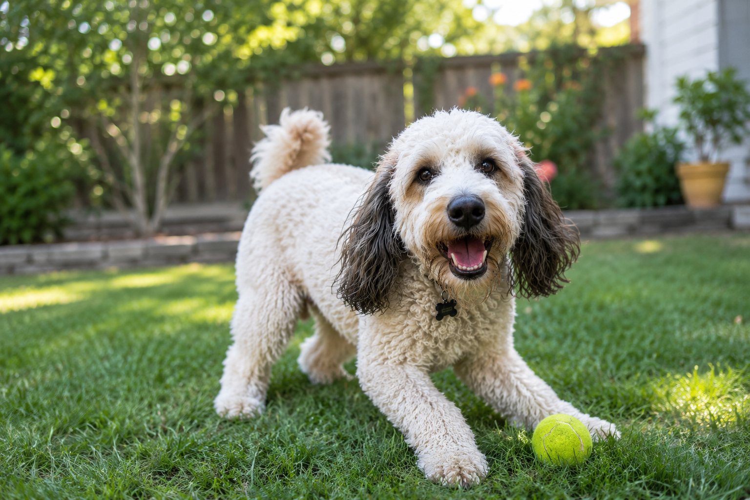 Photo of Chase enjoying playtime in the yard with a tennis ball