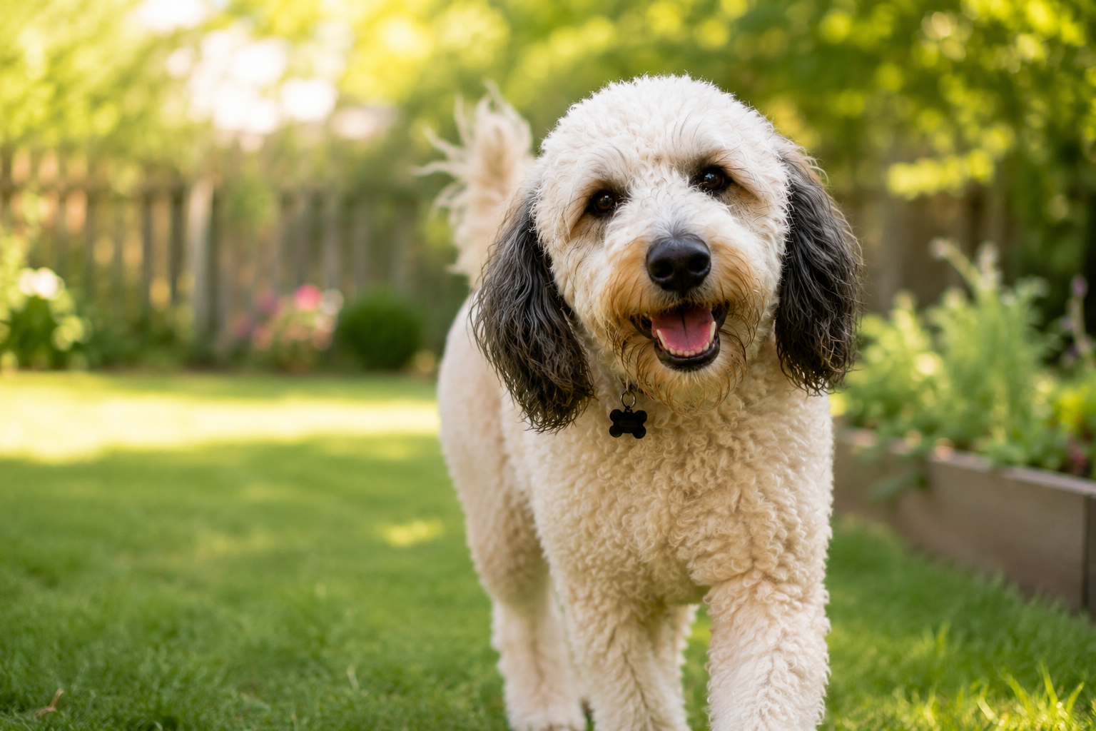 Happy doodle dog in a sunny backyard