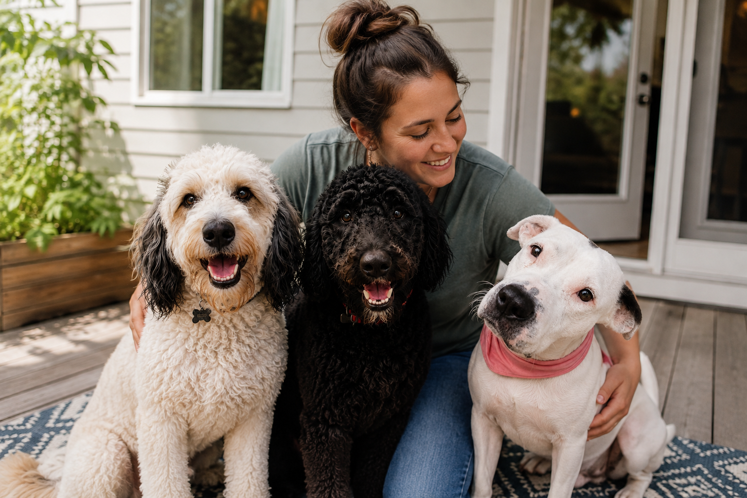 Pet sitter with three friendly dogs on a porch